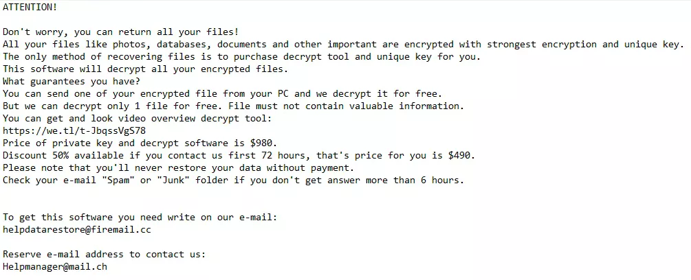 ransom note requiring ransom payment