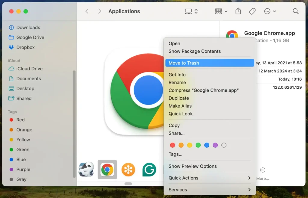 supprimer l'application Chrome à l'aide du Finder