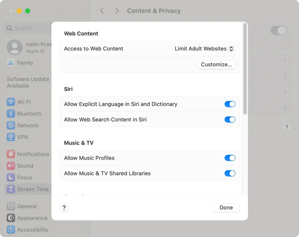 mac system settings screen time web content