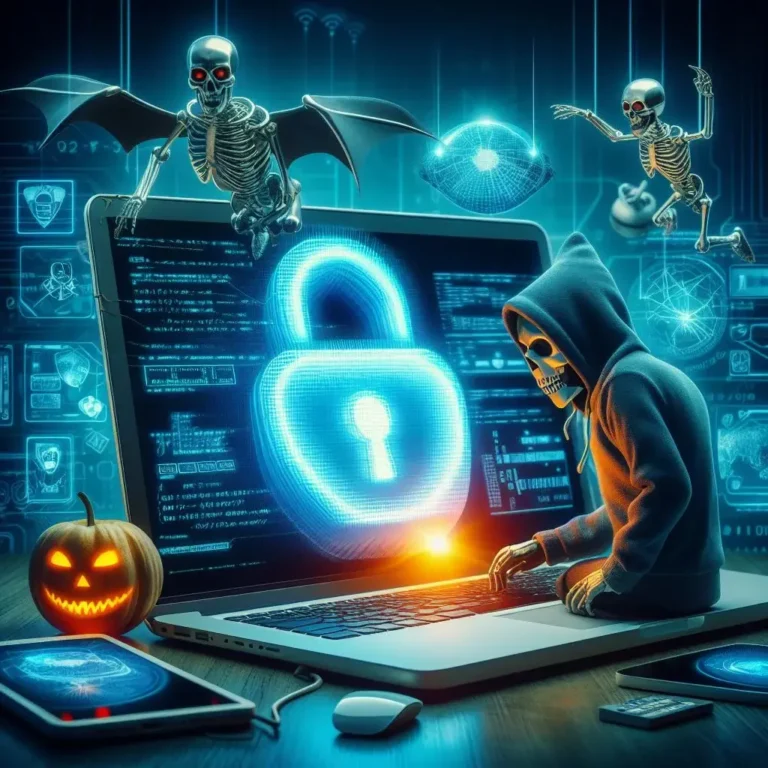 macbook blocked by malware and skeleton sitting on it