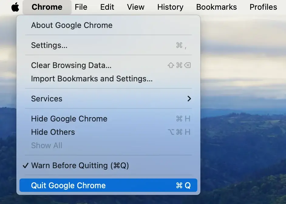 quitter Chrome en utilisant le menu en haut de l'écran