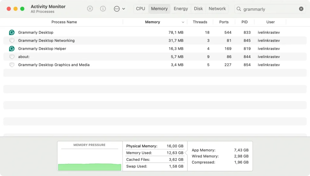 salir gramaticalmente usando el monitor de actividad