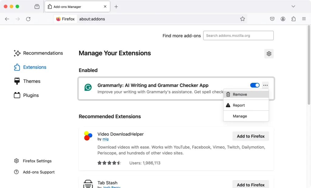 eliminar gramaticalmente de Firefox