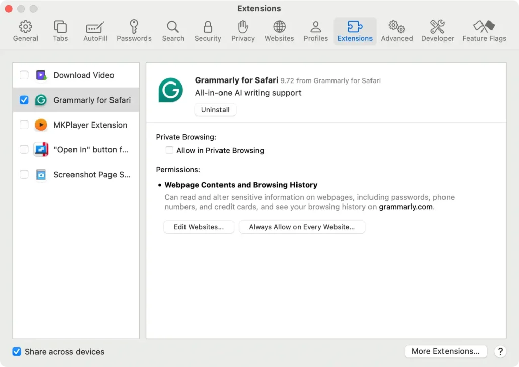 desinstalar gramaticalmente para safari