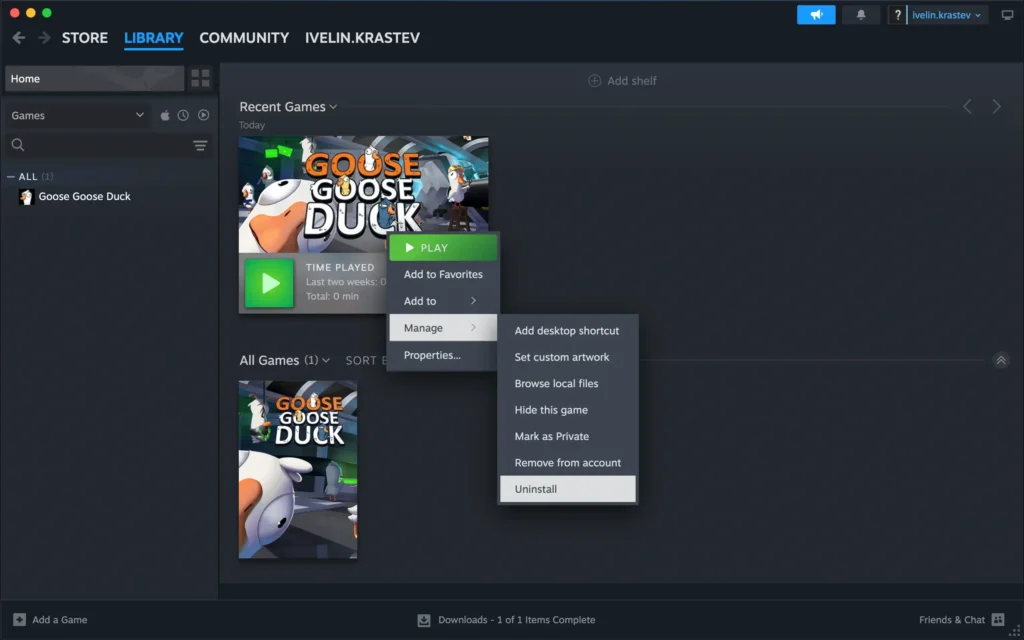 uninstall steam games via the application