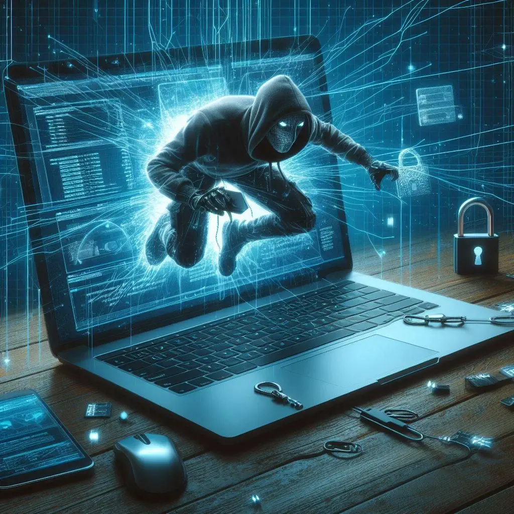 en computerskærm med en cyberkriminel i luften