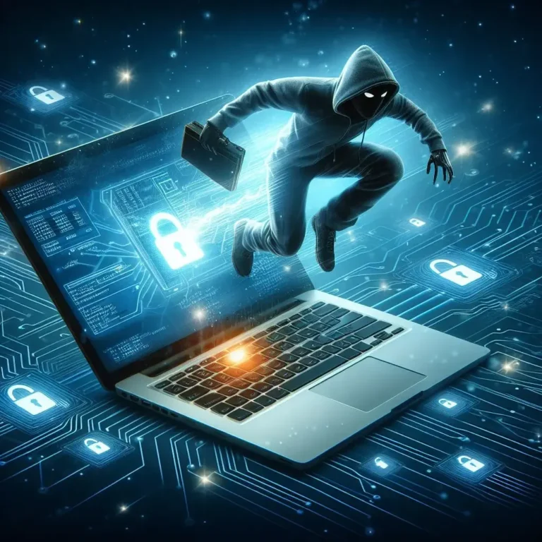 a computer hacker jumping out of a laptop
