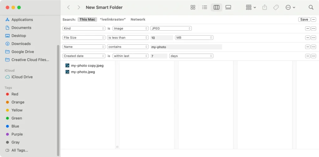 agregar criterios en la carpeta inteligente para detectar archivos duplicados