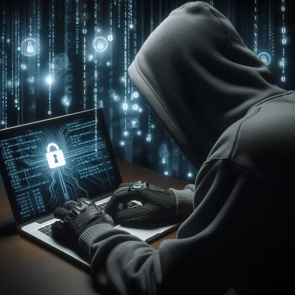 hacker de computador com capuz tentando se infiltrar em um macbook