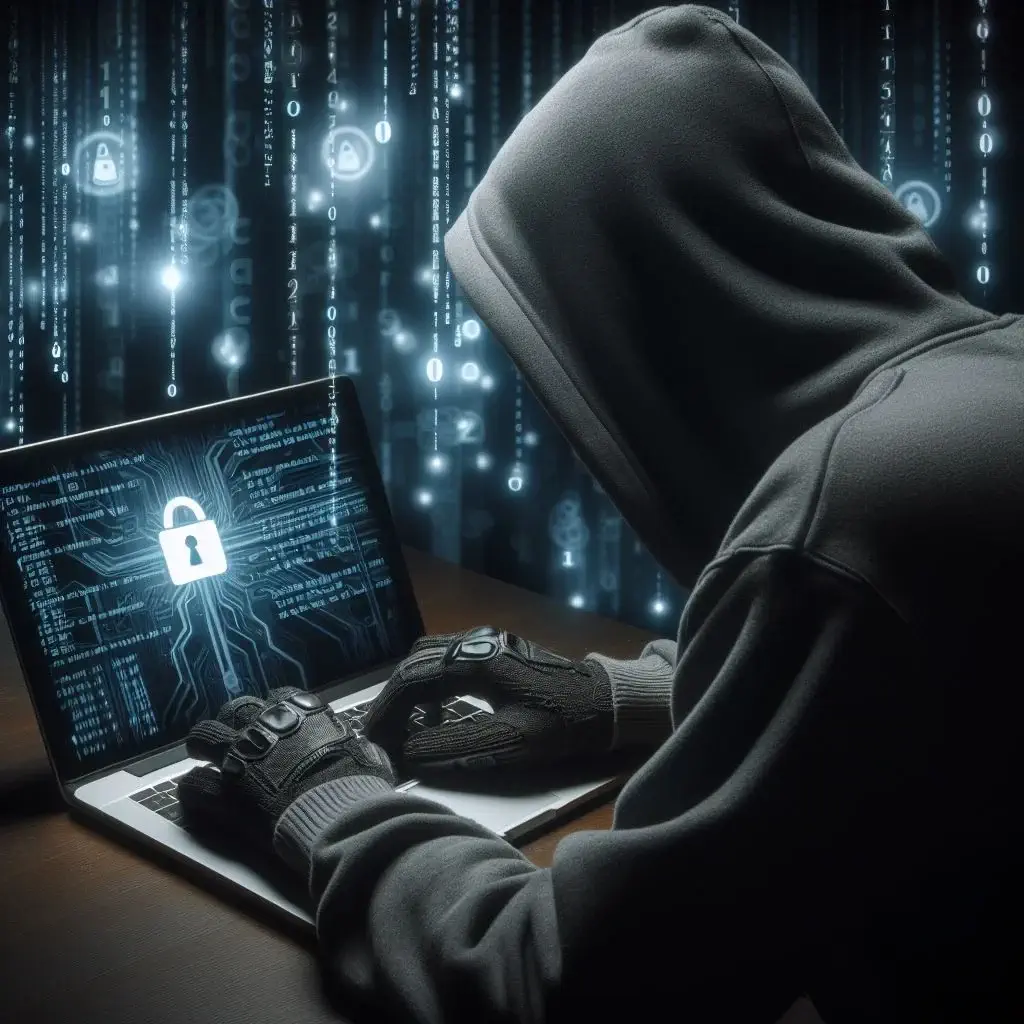 computerhacker med en hættetrøje, der forsøger at infiltrere en macbook