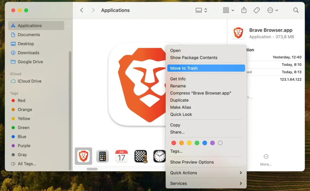 eliminare l'app Brave dalla cartella delle applicazioni