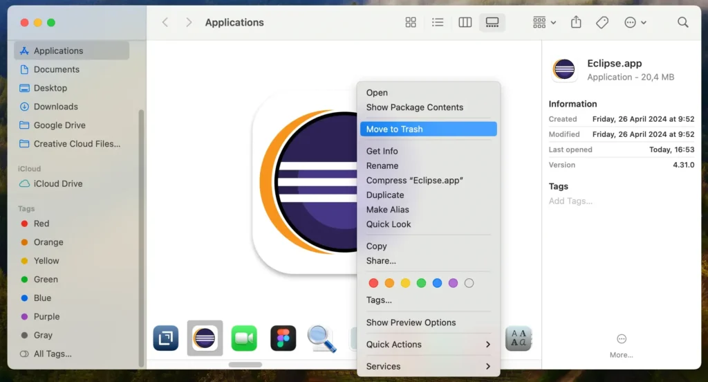 eliminare l'app desktop Eclipse