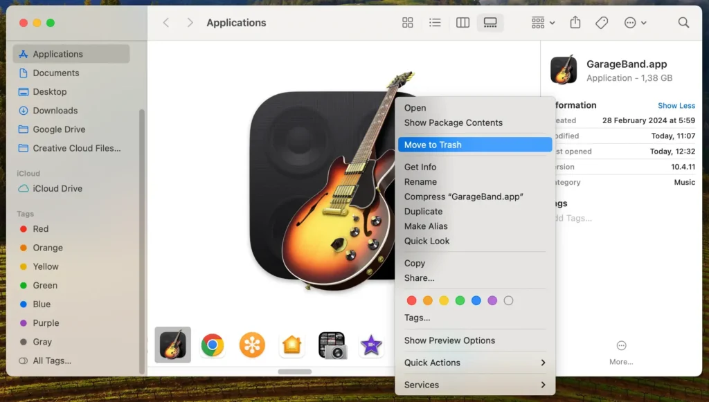 elimina l'app Garageband dalla cartella delle applicazioni