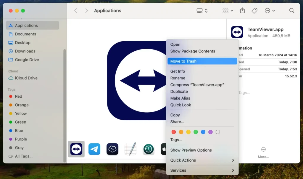 slet teamviewer-program fra applikationsmappen