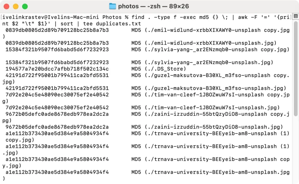 encontre arquivos duplicados no mac usando o terminal