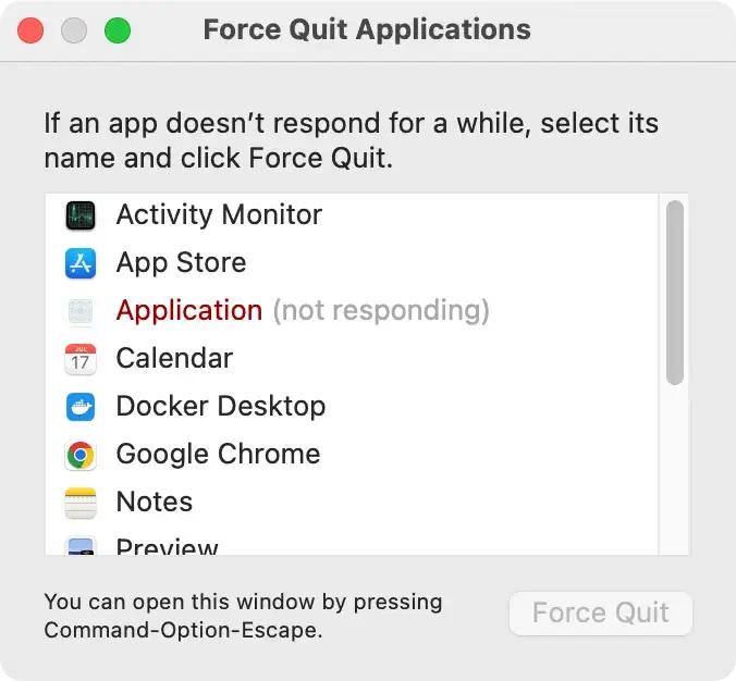 forçar o encerramento da janela de aplicativos do aplicativo congelado