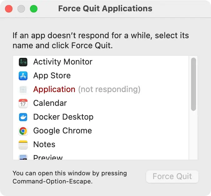 quit a mac app via the force quit applications window