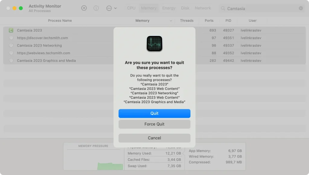 force quit camtasia via activity monitor