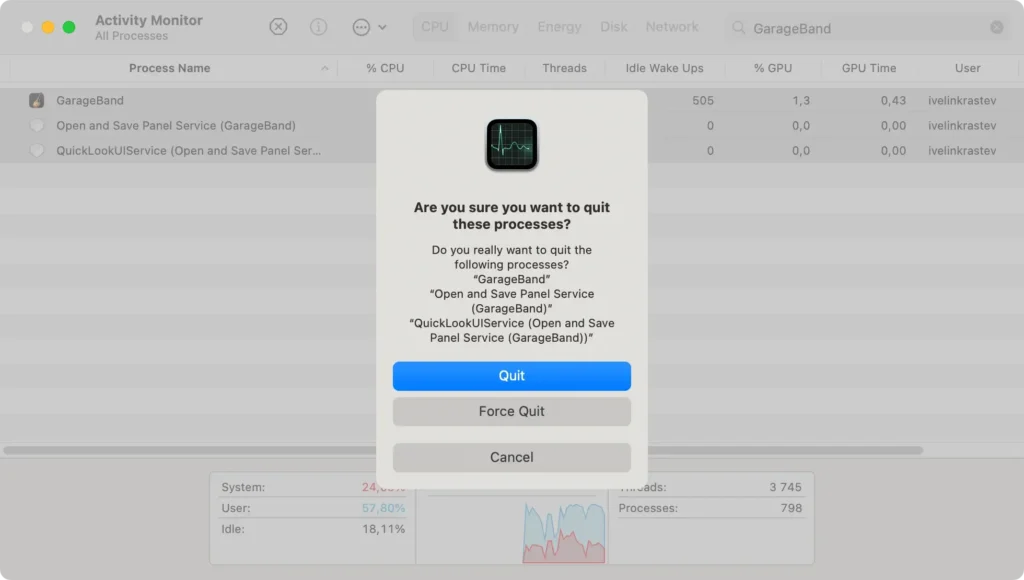 force quit garageband on mac via activity monitor