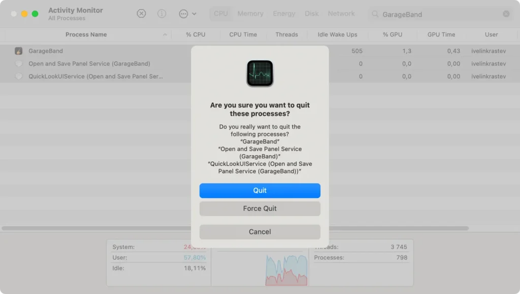 force quit garageband på mac via aktivitetsmonitor