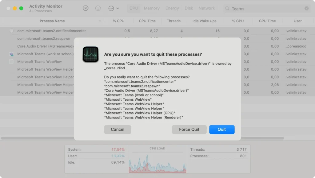force quit teams using activity monitor