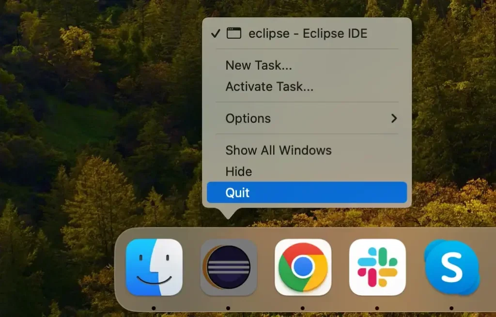 esci dall'applicazione Eclipse dal dock