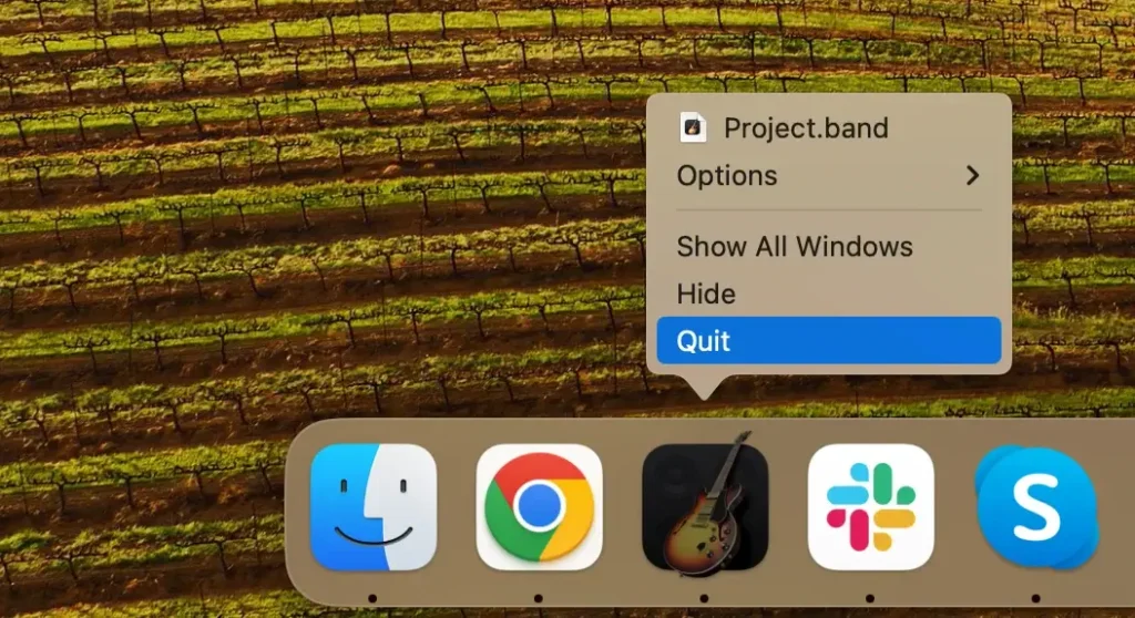 quit garageband app from dock