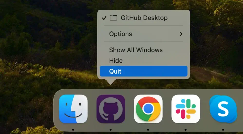 quitter l'application github du dock