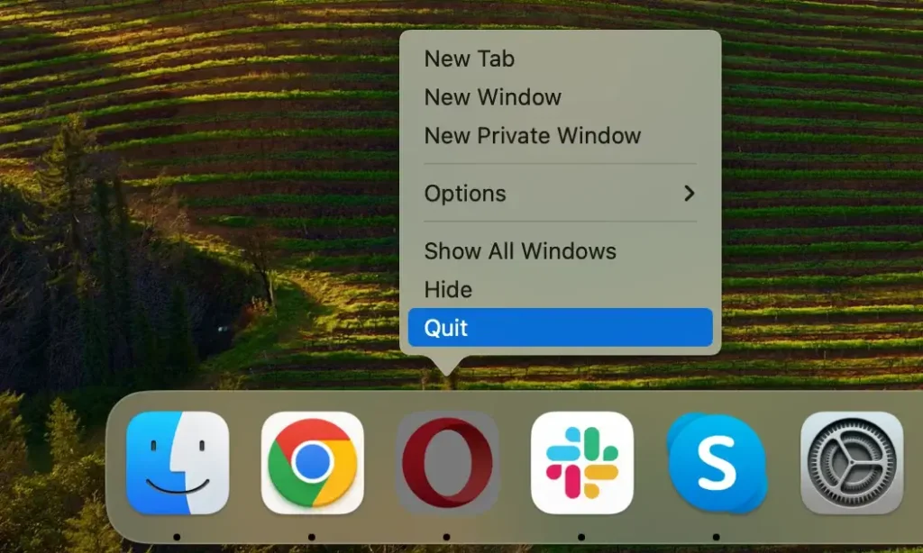 quitter l'application Opera depuis le Dock