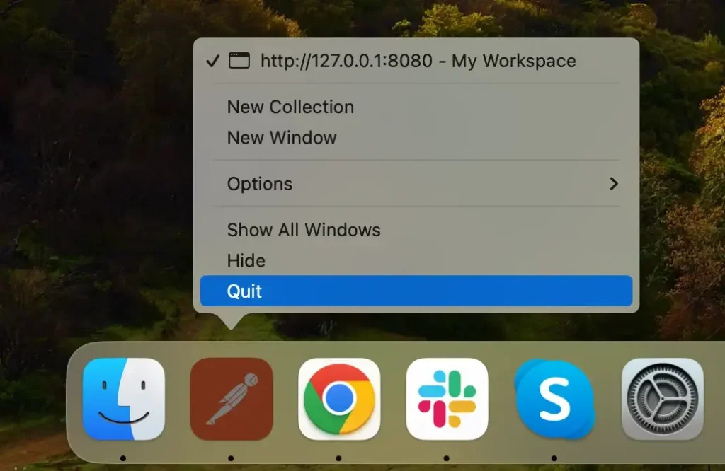 quit postman from dock menu bar