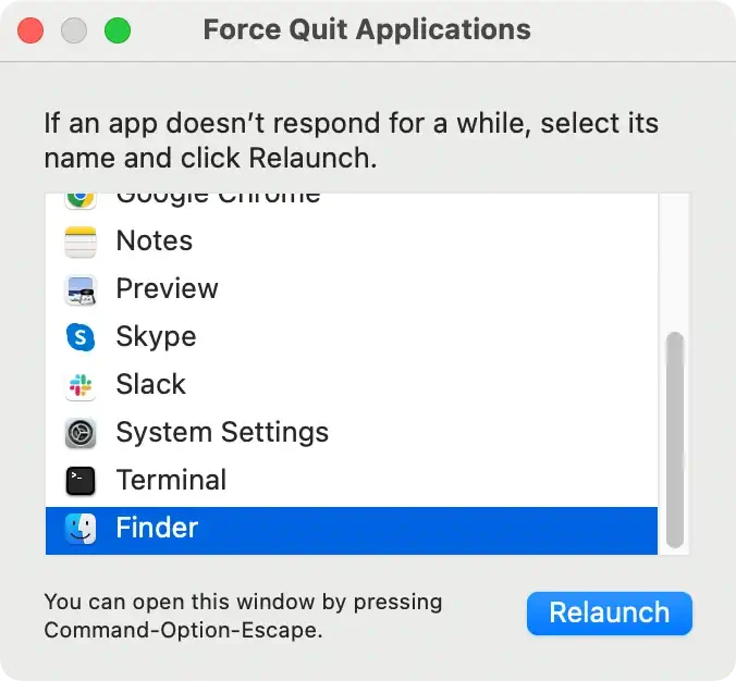 riavviare il Finder dalla finestra delle applicazioni con chiusura forzata