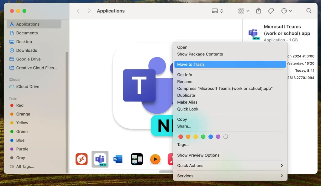 rimuovere l'app Microsoft Teams dalla cartella dell'applicazione