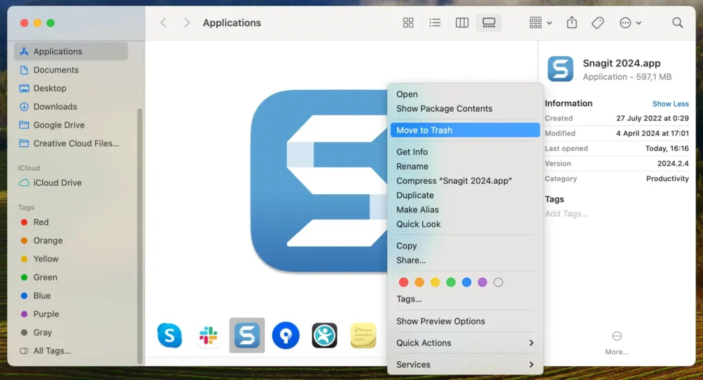 fjern snagit fra applikationer