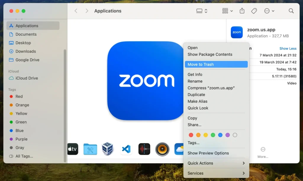 uninstall zoom application