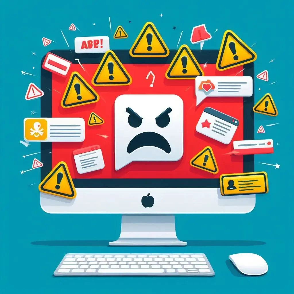 en mac-computer, der kæmper med adware-advarsler