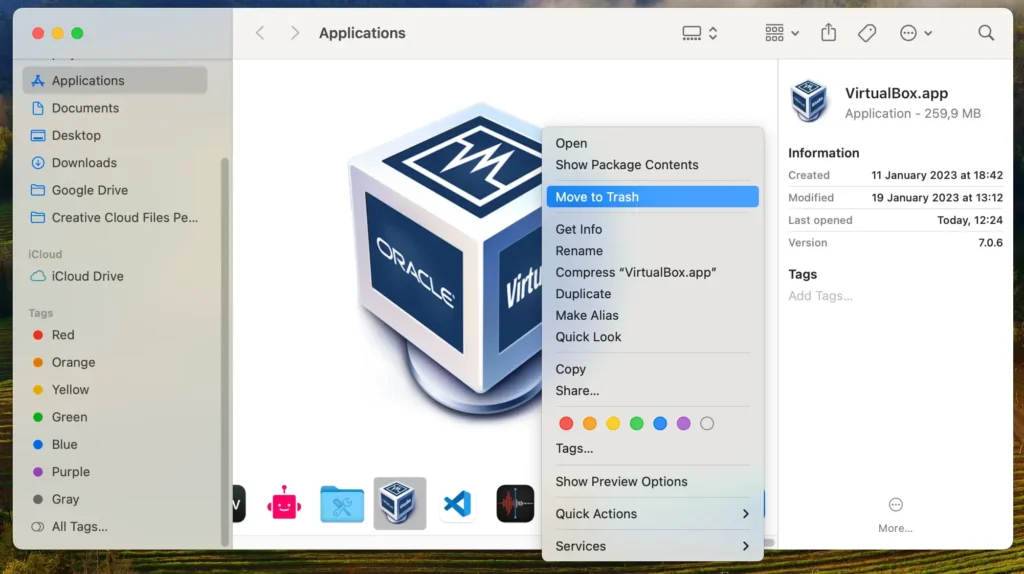 delete virtualbox app from applications folder
