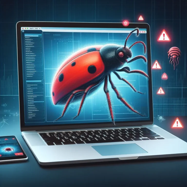 a malware bug in front of macbook screen