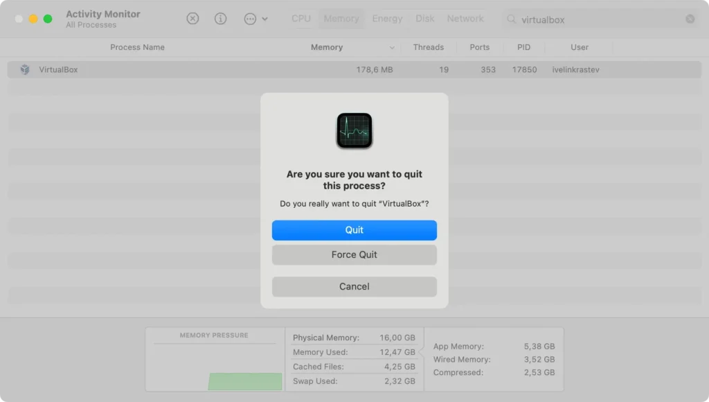 tvinge afslutte virtualbox ved hjælp af aktivitetsmonitor
