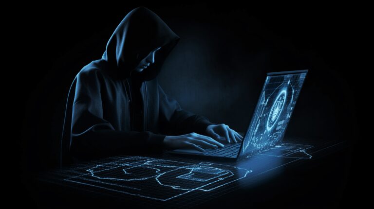a computer hacker with a hoodie breaching into a macbook