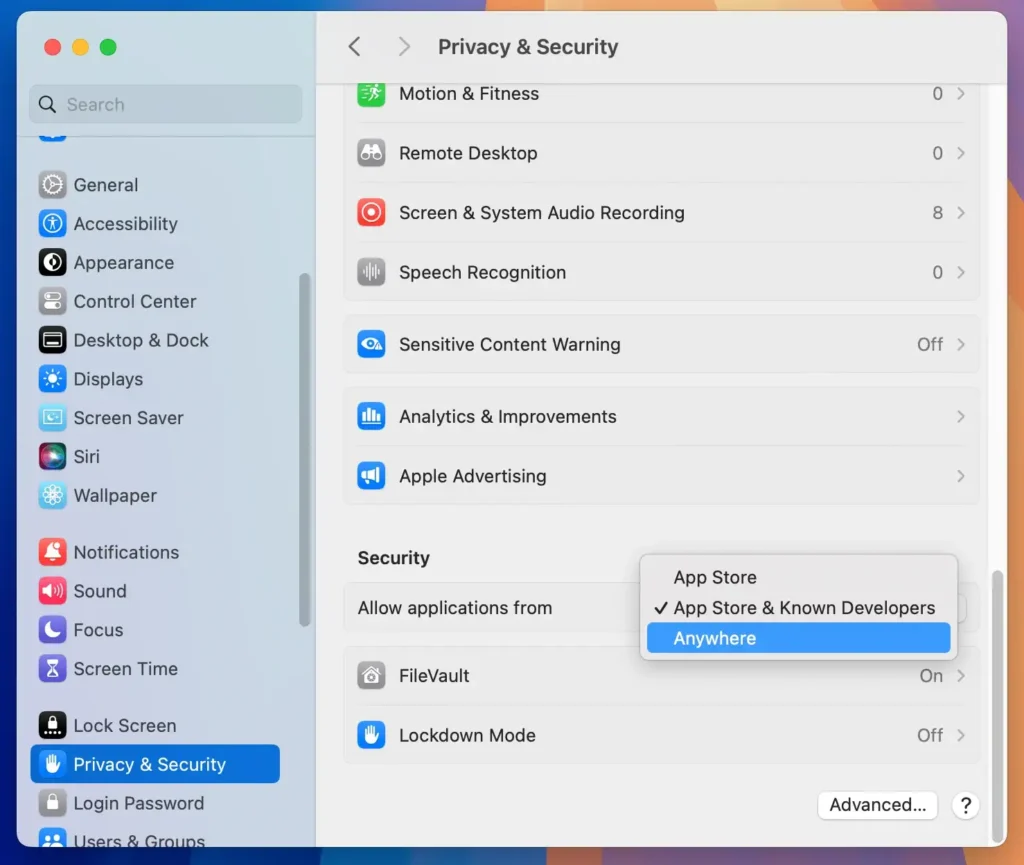 allow applications from anywhere in settings