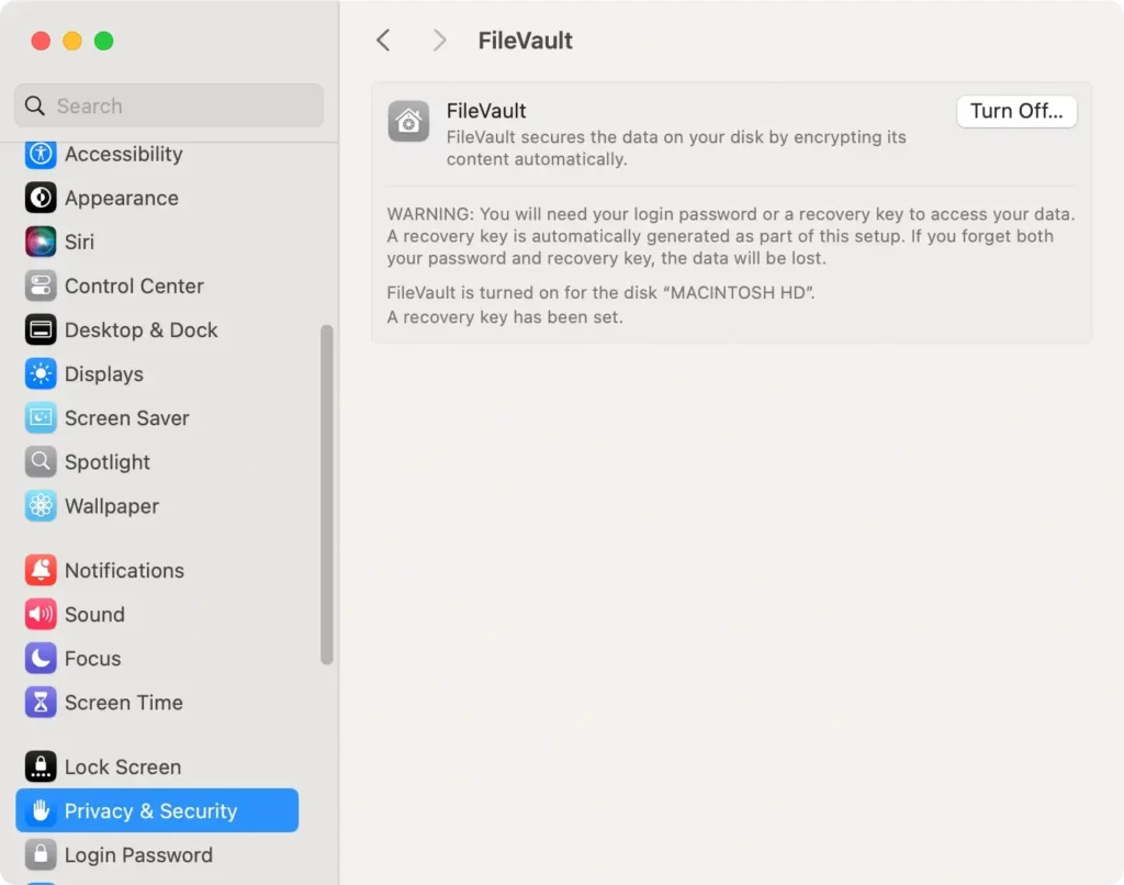 filevault settings filevault settings