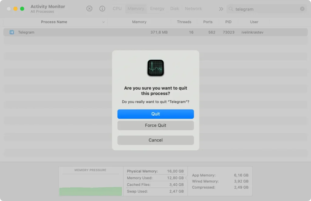 force quit the telegram desktop app using activity monitor