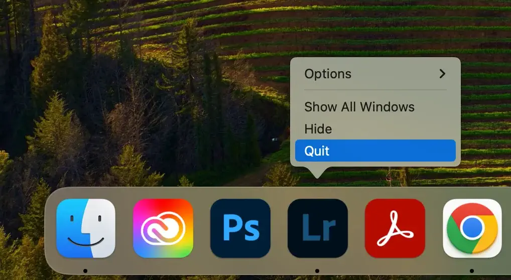 Adobe Lightroom über das Dock beenden