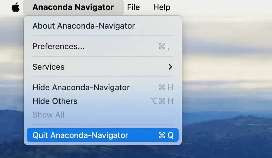sluit anaconda uit het menu