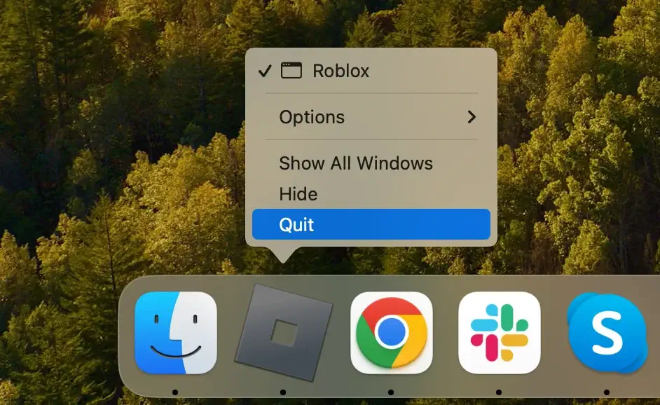esci dall'applicazione Roblox dal dock
