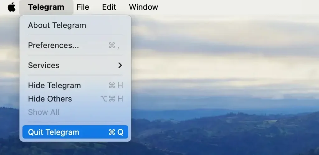 quit the telegram app from menu