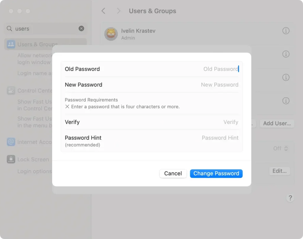 set user password window set user password window