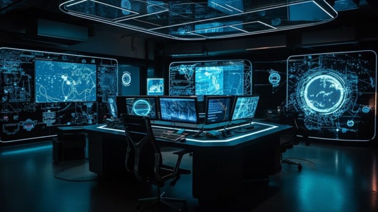 uturistic control room, technology, cybersecurity
