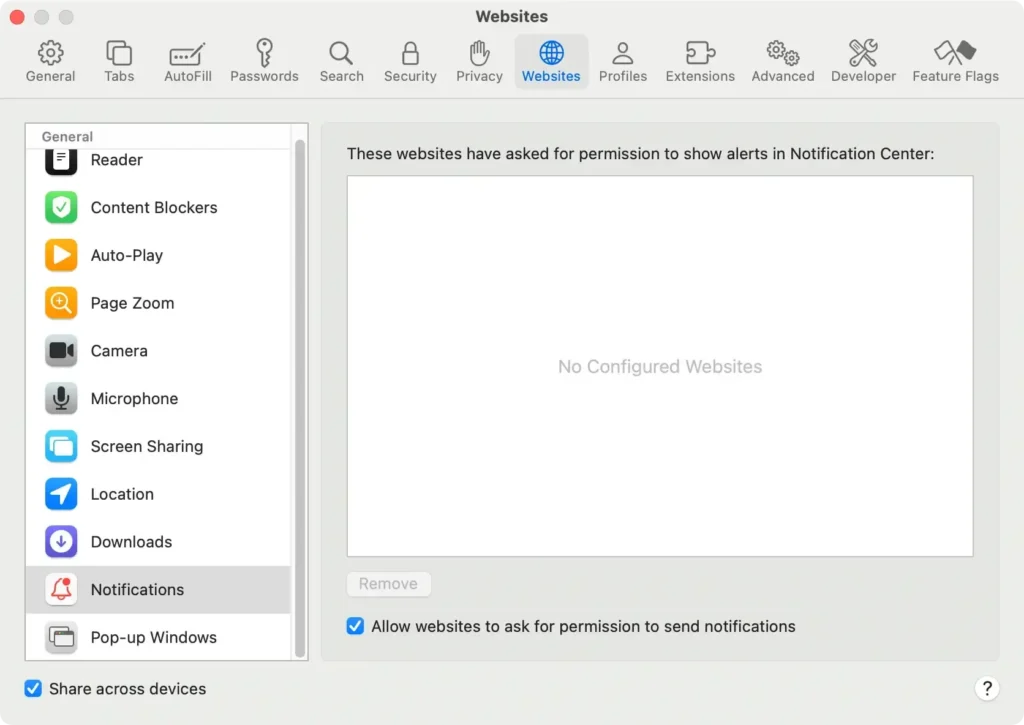 safari websites settings