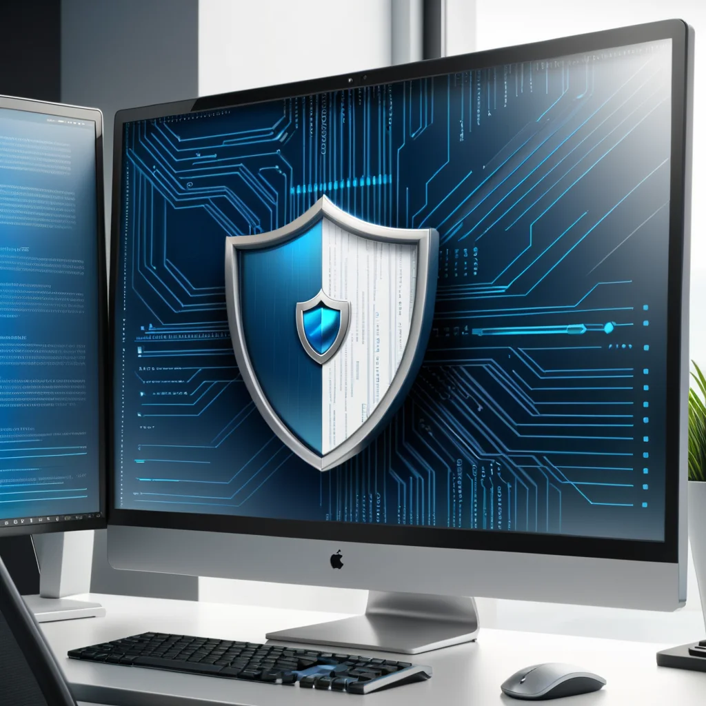 a close up of a computer monitor with a shield on the screen